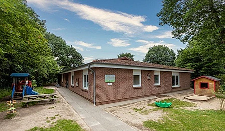 Kirchenkindergarten mit Rutsche und Sandkasten. Analysis